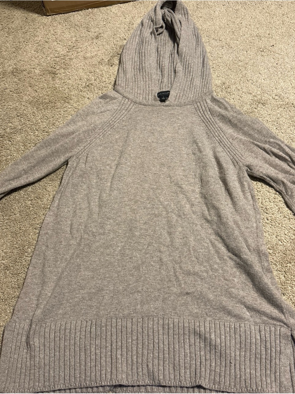 Ann Taylor Taupe Ribbed-Hem Hoodie Sweater